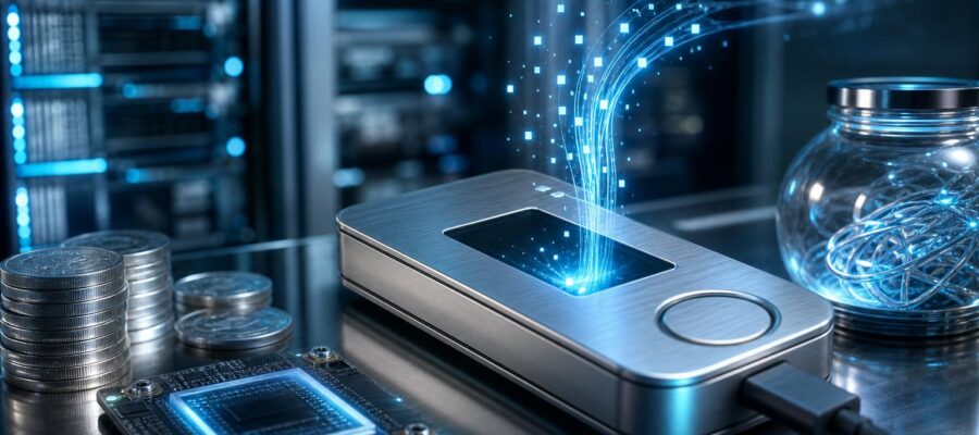 Eine silberne Hardware-Wallet mit leuchtenden Daten, neben einem Stapel Münzen, einem KI-Chip und einem Glas mit Kabeln in
