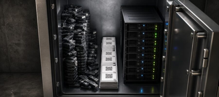 Eine offene Stahlsafe enthält links viele kleine Hardware-Wallets, rechts ein Server-Rack mit blinkenden LEDs und in der