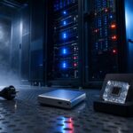 Server-Racks mit blinkenden Lichtern in einem kühlen, verrauchten Data-Center, neben einem Hardware-Wallet und einem