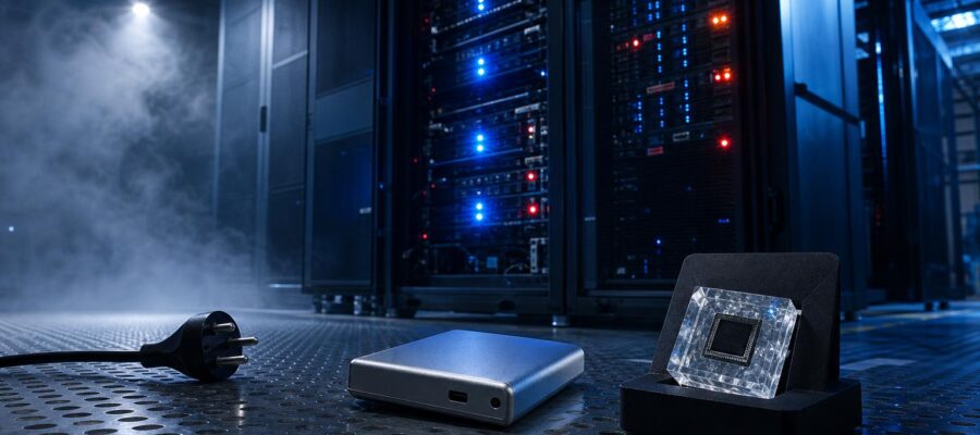 Server-Racks mit blinkenden Lichtern in einem kühlen, verrauchten Data-Center, neben einem Hardware-Wallet und einem