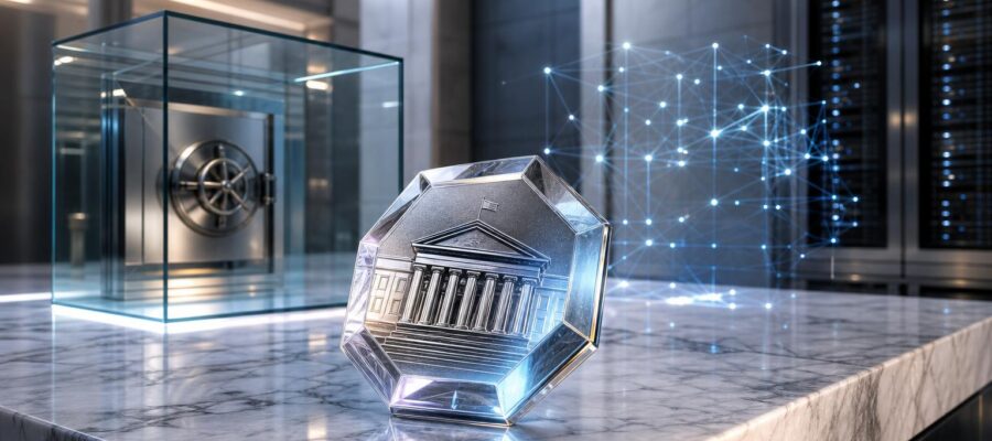 Ein silberner, prismatischer Token mit einem Gebäude-Symbol liegt auf einer Marmorplatte vor einem holographischen