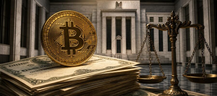 Ein goldener Bitcoin ruht auf einem Stapel von US-Dollar-Scheinen neben einer bronzenen Waage, mit der Silhouette des